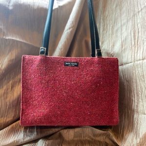 Kate Spade red, woven wool handbag with black leather handles & silver buckles